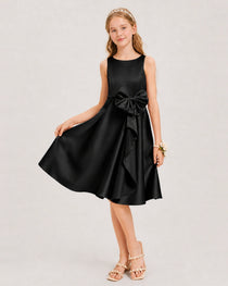 Black Satin Junior Bridesmaid Dress  Knee-Length A-Line Gown Front View