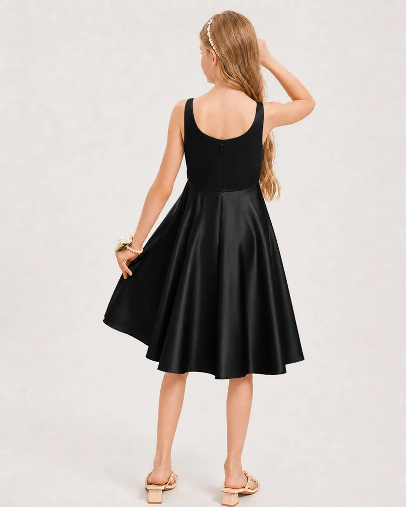 Black Satin A-line Junior Bridesmaid Dress Back View