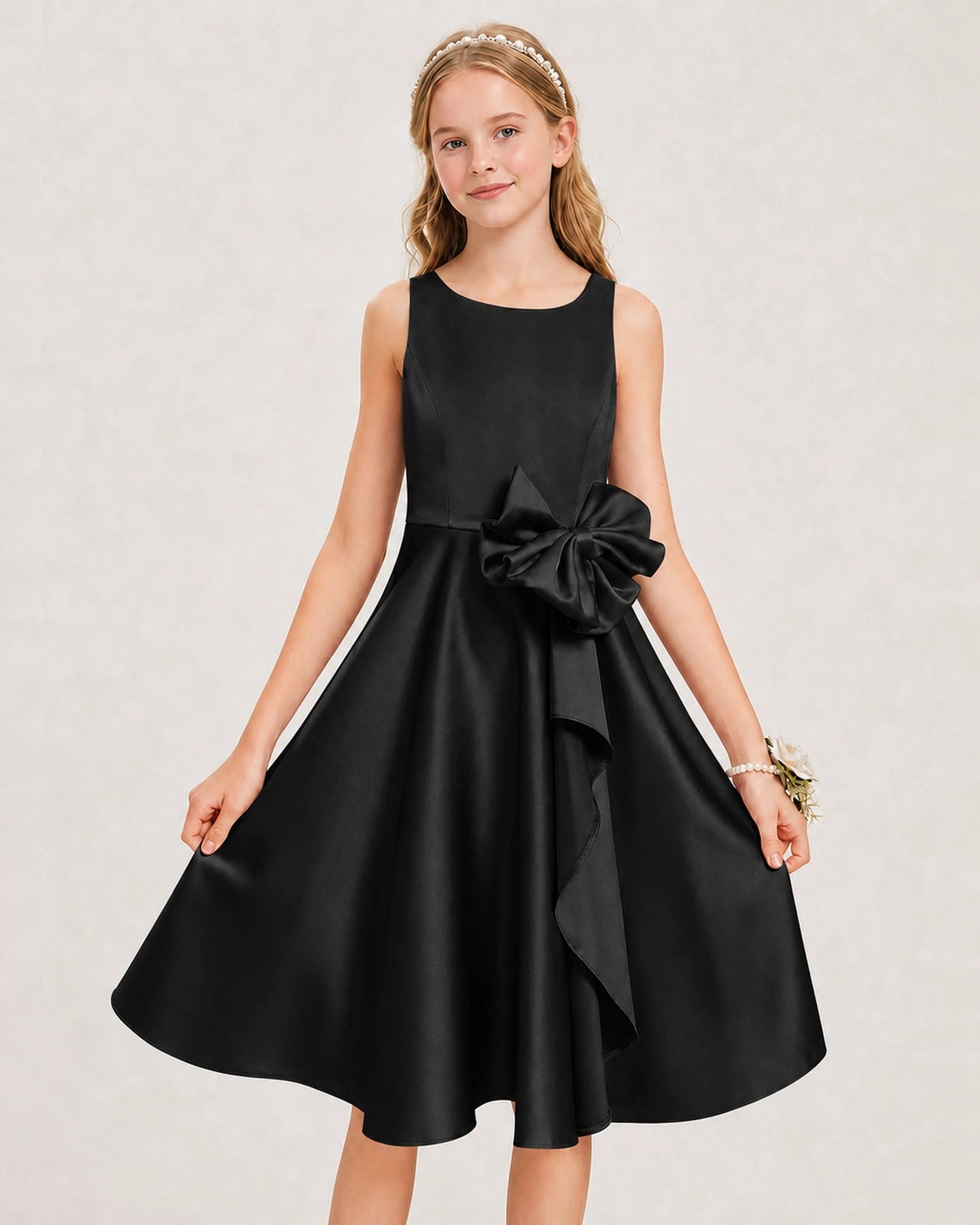 Black Satin Junior Bridesmaid Dress  Knee-Length A-Line Gown Detail View