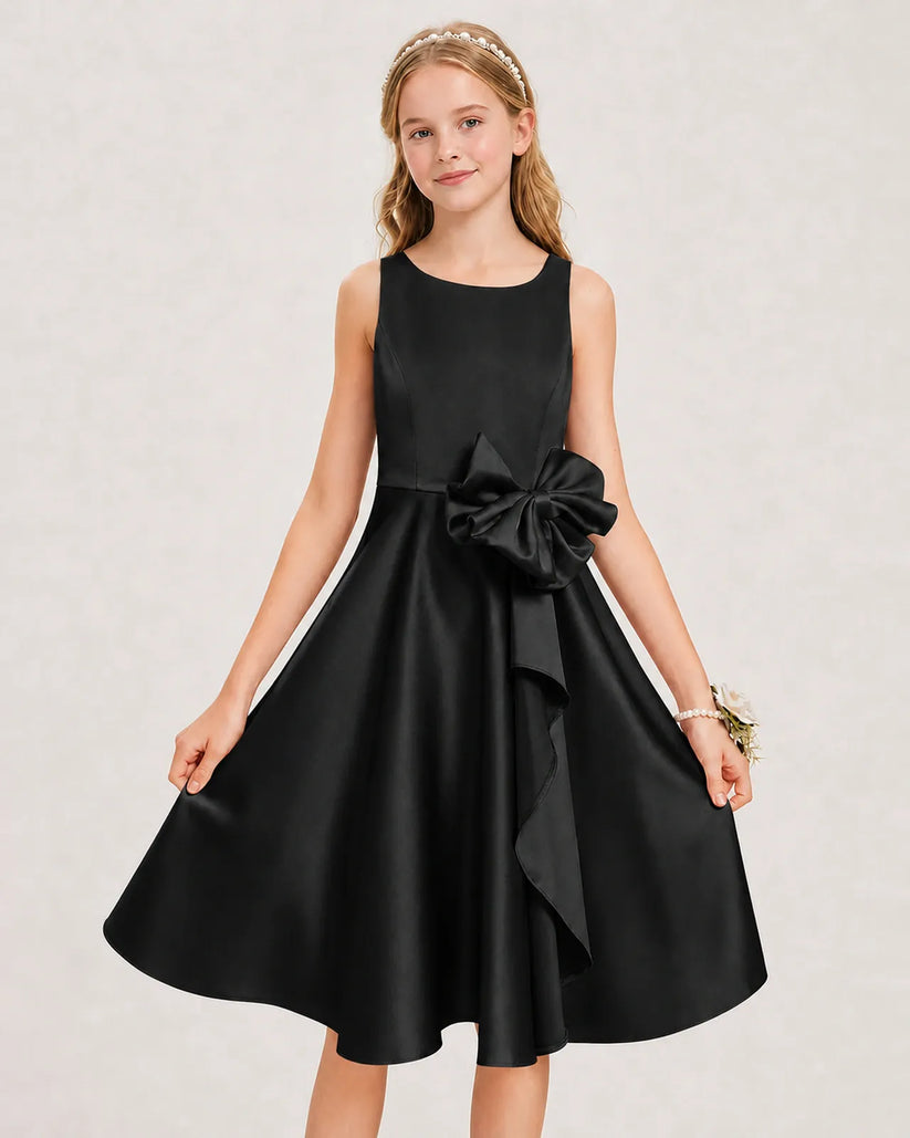 Black Satin A-line Junior Bridesmaid Dress Front View