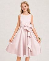 Blush Pink Satin A-line Junior Bridesmaid Dress Front View