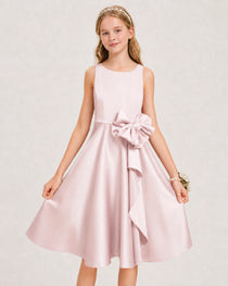 Blush Pink Satin Junior Bridesmaid Dress  Knee-Length A-Line Gown Detail View