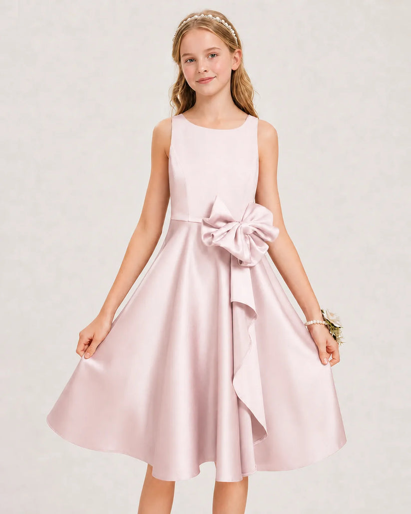 Blush Pink Satin A-line Junior Bridesmaid Dress Front View