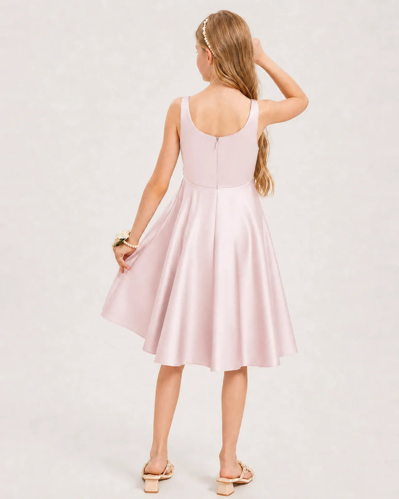 Blush Pink Satin A-line Junior Bridesmaid Dress Back View