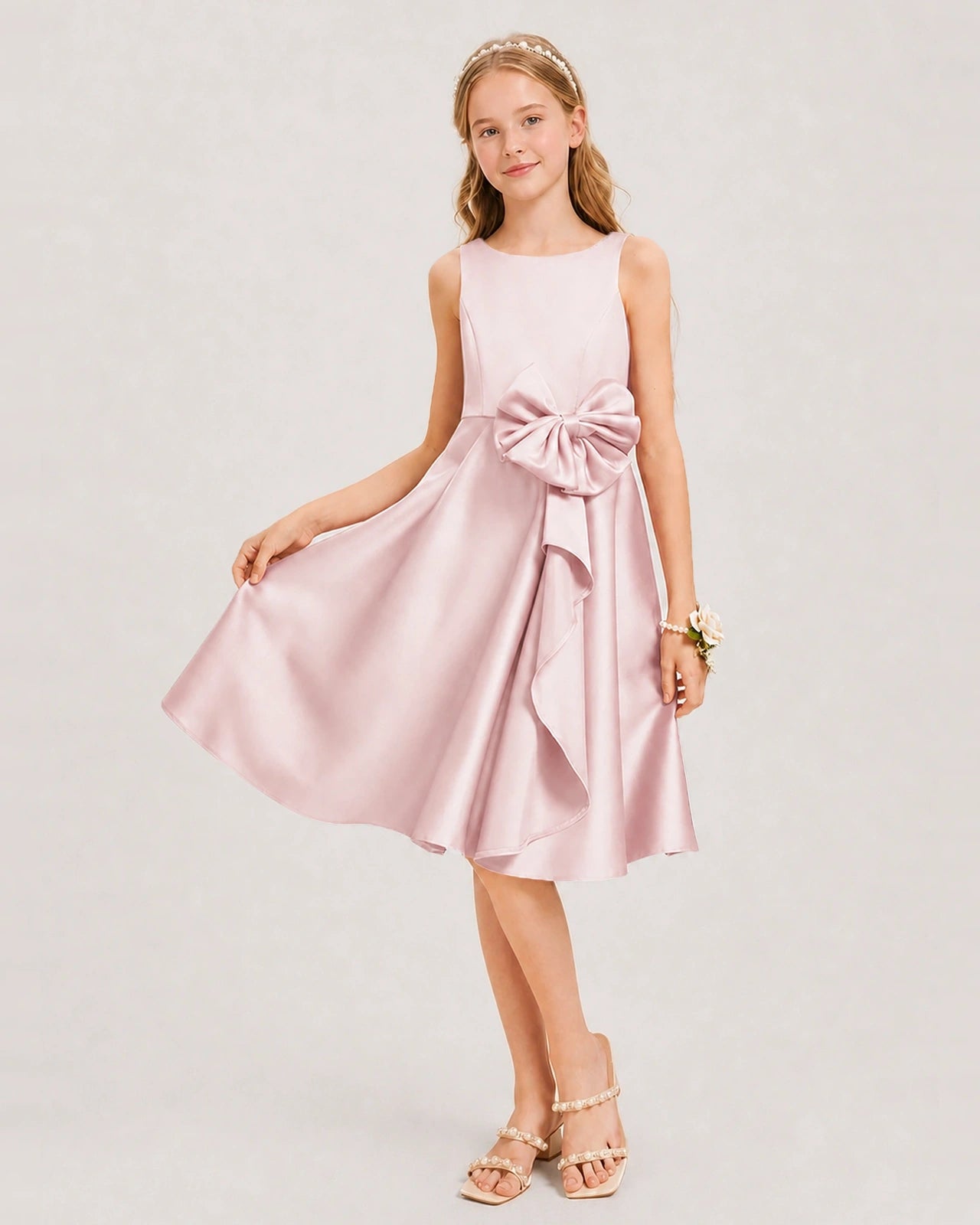 Blush Pink Satin Junior Bridesmaid Dress  Knee-Length A-Line Gown Front View
