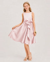 Blush Pink Satin A-line Junior Bridesmaid Dress Front View