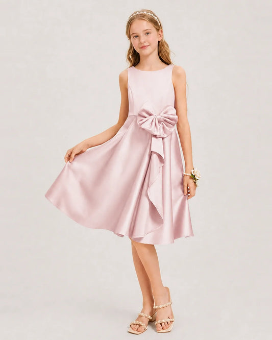 Blush Pink Satin A-line Junior Bridesmaid Dress Front View
