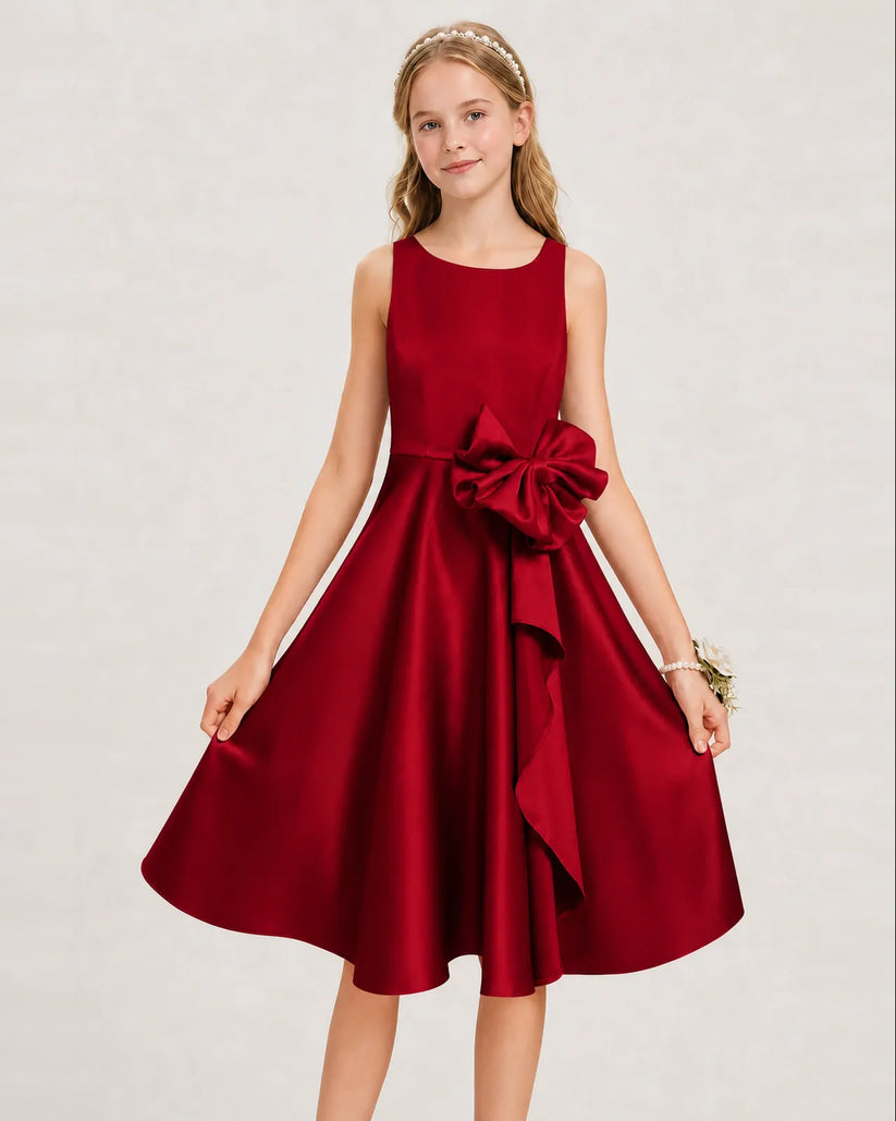 Burgundy Satin A-line Junior Bridesmaid Dress Front View
