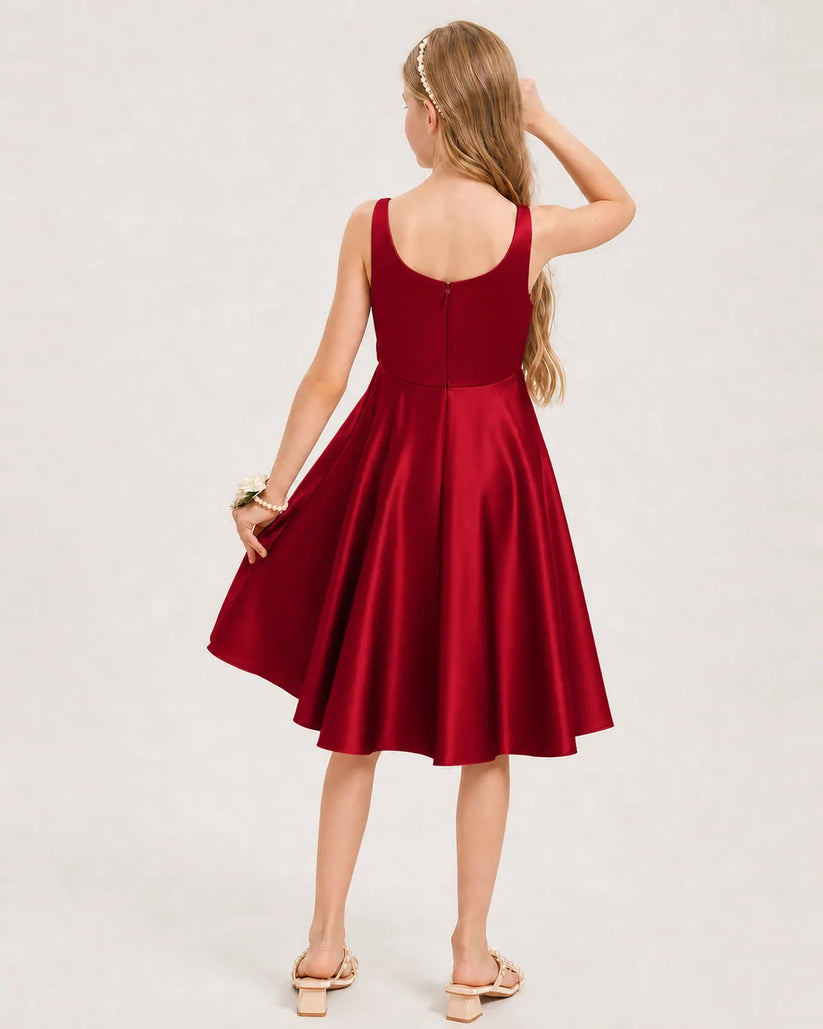 Burgundy Satin A-line Junior Bridesmaid Dress Back View