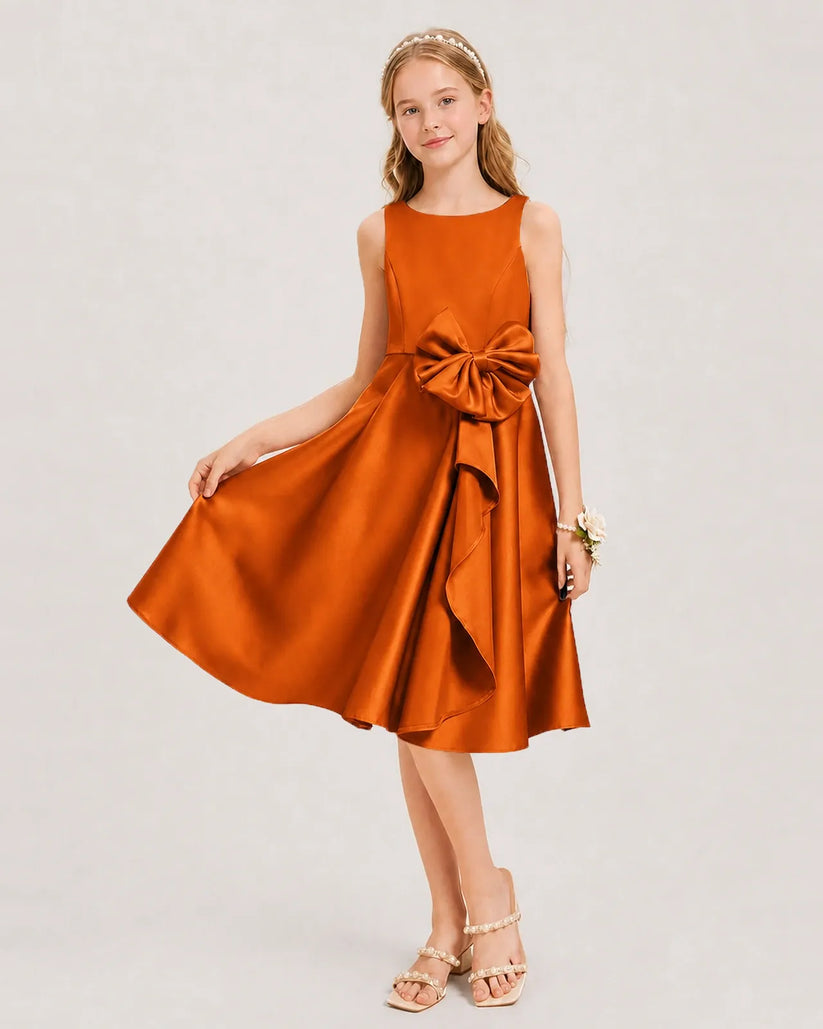 Burnt Orange Satin A-line Junior Bridesmaid Dress Front View