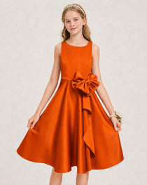 Burnt Orange Satin Junior Bridesmaid Dress  Knee-Length A-Line Gown Detail View