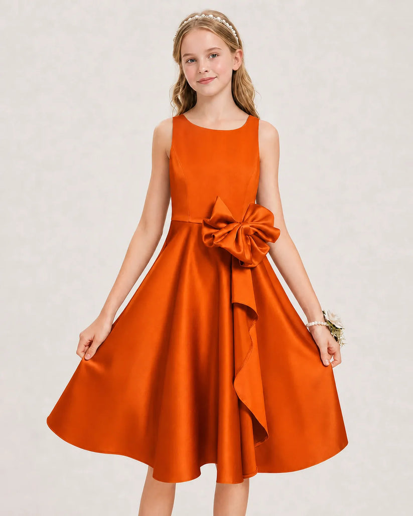 Burnt Orange Satin A-line Junior Bridesmaid Dress Front View