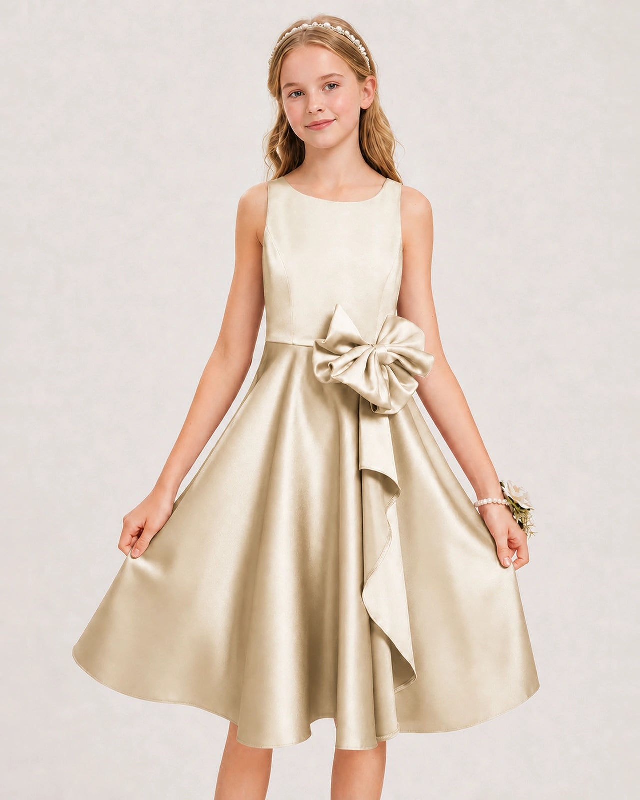 Champagne Satin Junior Bridesmaid Dress  Knee-Length A-Line Gown Detail View