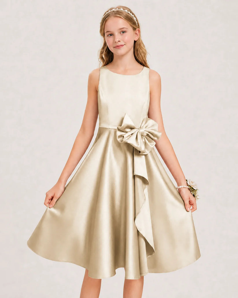 Champagne Satin A-line Junior Bridesmaid Dress Front View