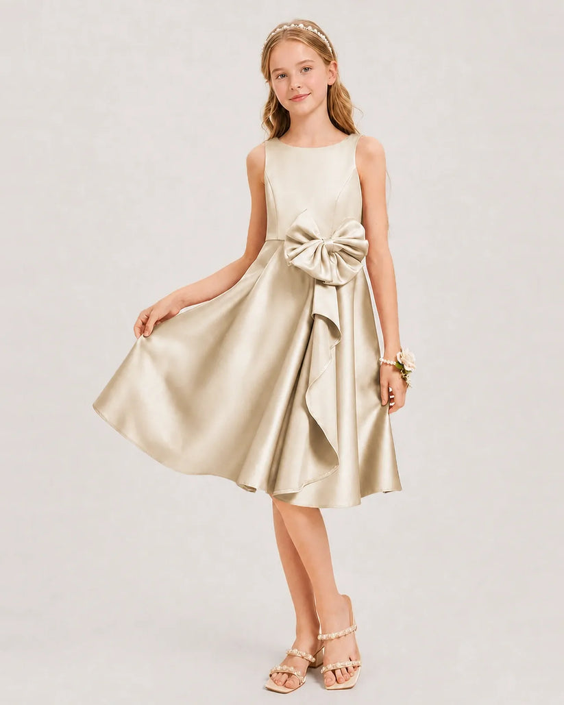 Champagne Satin A-line Junior Bridesmaid Dress Front View