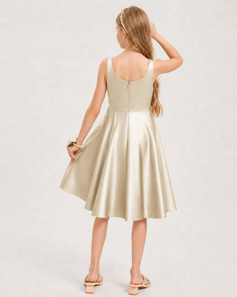 Champagne Satin A-line Junior Bridesmaid Dress Back View