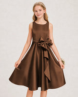 Chocolate Satin A-line Junior Bridesmaid Dress Front View