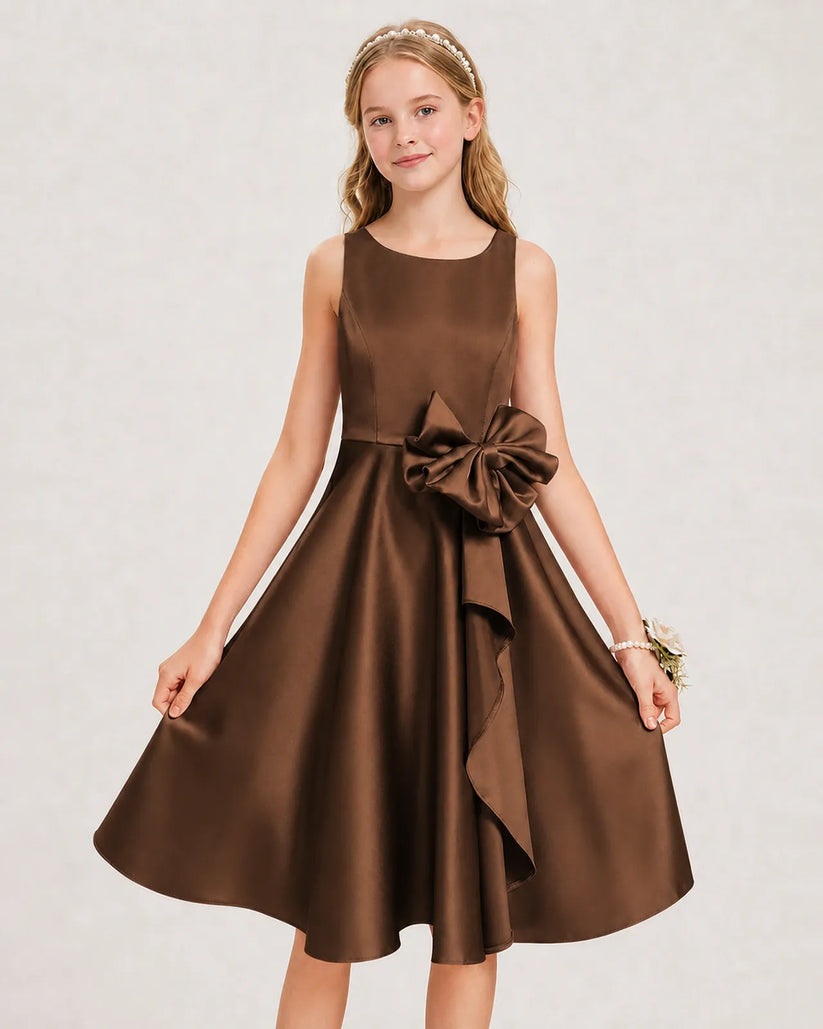 Chocolate Satin A-line Junior Bridesmaid Dress Front View