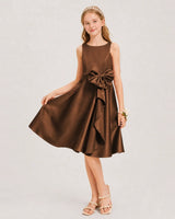 Chocolate Satin A-line Junior Bridesmaid Dress Front View
