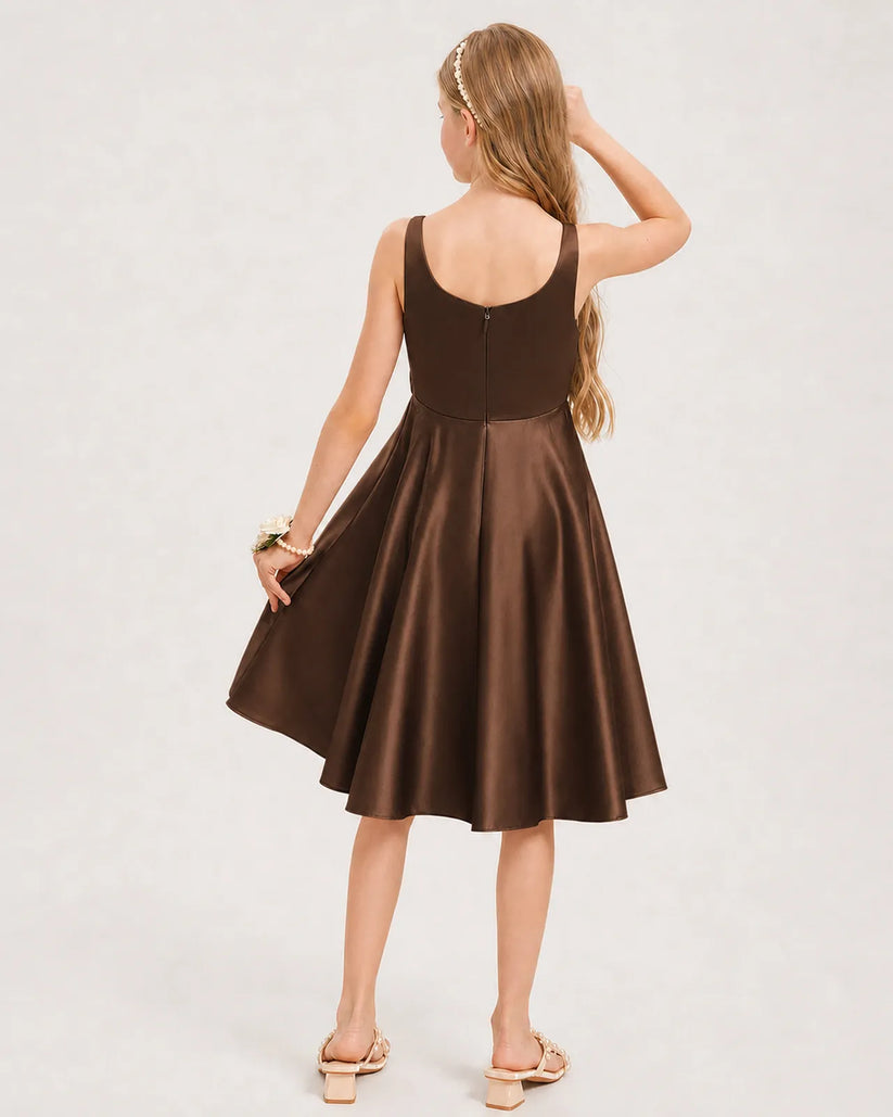 Chocolate Satin A-line Junior Bridesmaid Dress Back View
