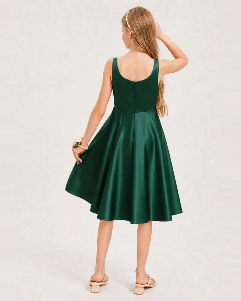 Dark Green Satin A-line Junior Bridesmaid Dress Back View