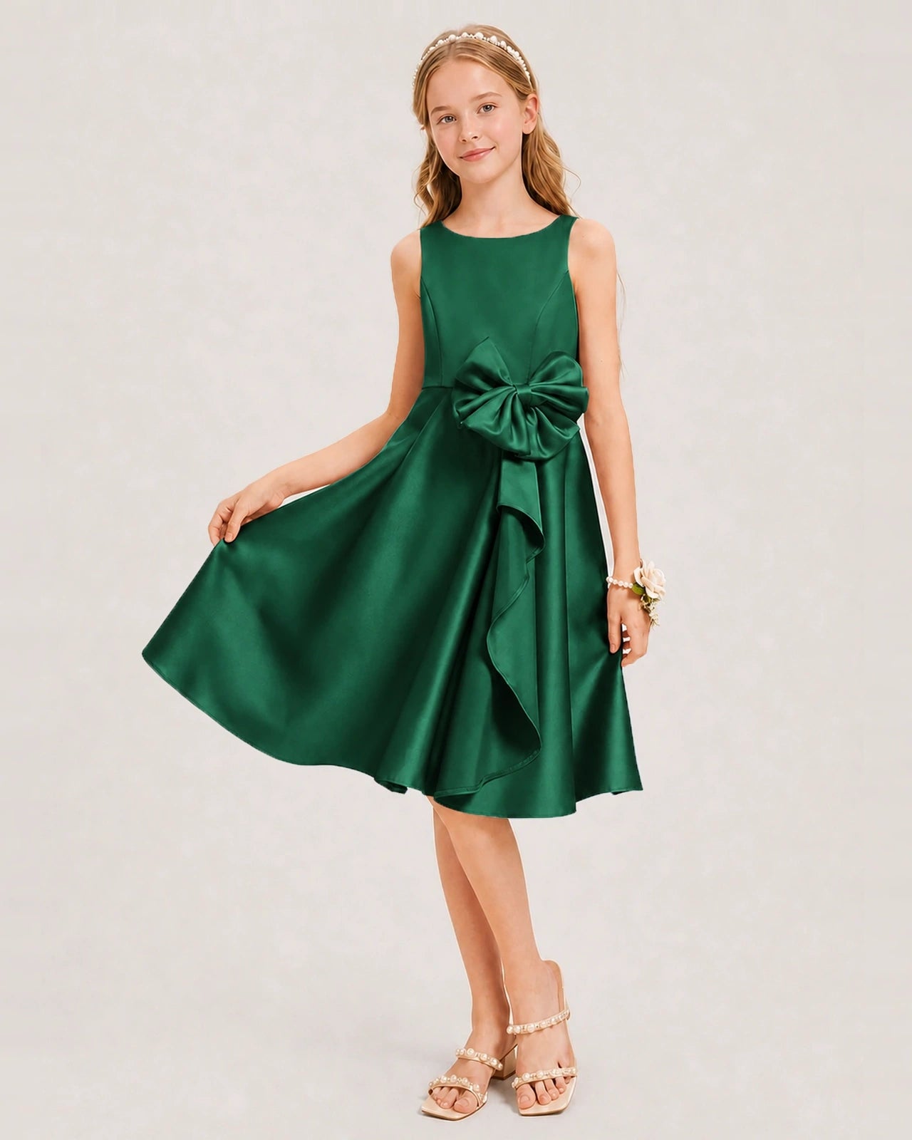 Dark Green Satin Junior Bridesmaid Dress  Knee-Length A-Line Gown Front View