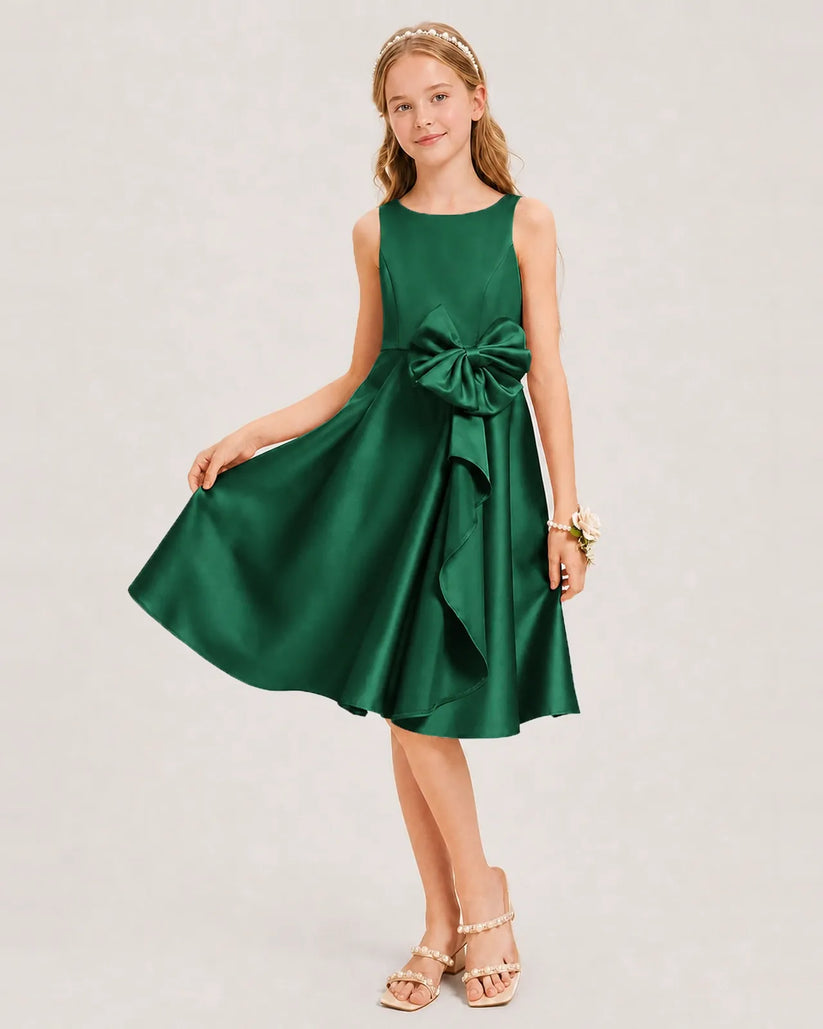 Dark Green Satin A-line Junior Bridesmaid Dress Front View