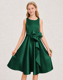 Dark Green Satin Junior Bridesmaid Dress  Knee-Length A-Line Gown Detail View