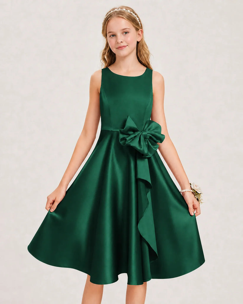 Dark Green Satin A-line Junior Bridesmaid Dress Front View