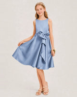 Dusty Blue Satin A-line Junior Bridesmaid Dress Front View