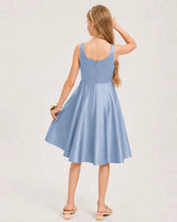 Dusty Blue Satin A-line Junior Bridesmaid Dress Back View