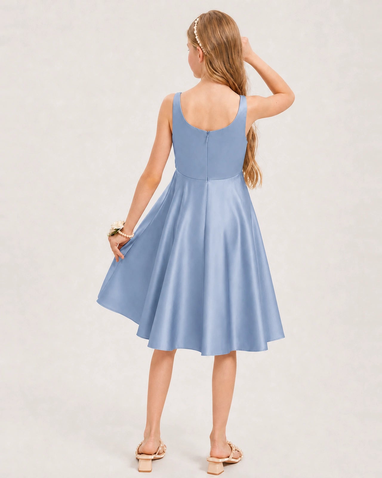 Dusty Blue Satin Junior Bridesmaid Dress  Knee-Length A-Line Gown Back View