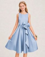 Dusty Blue Satin A-line Junior Bridesmaid Dress Front View