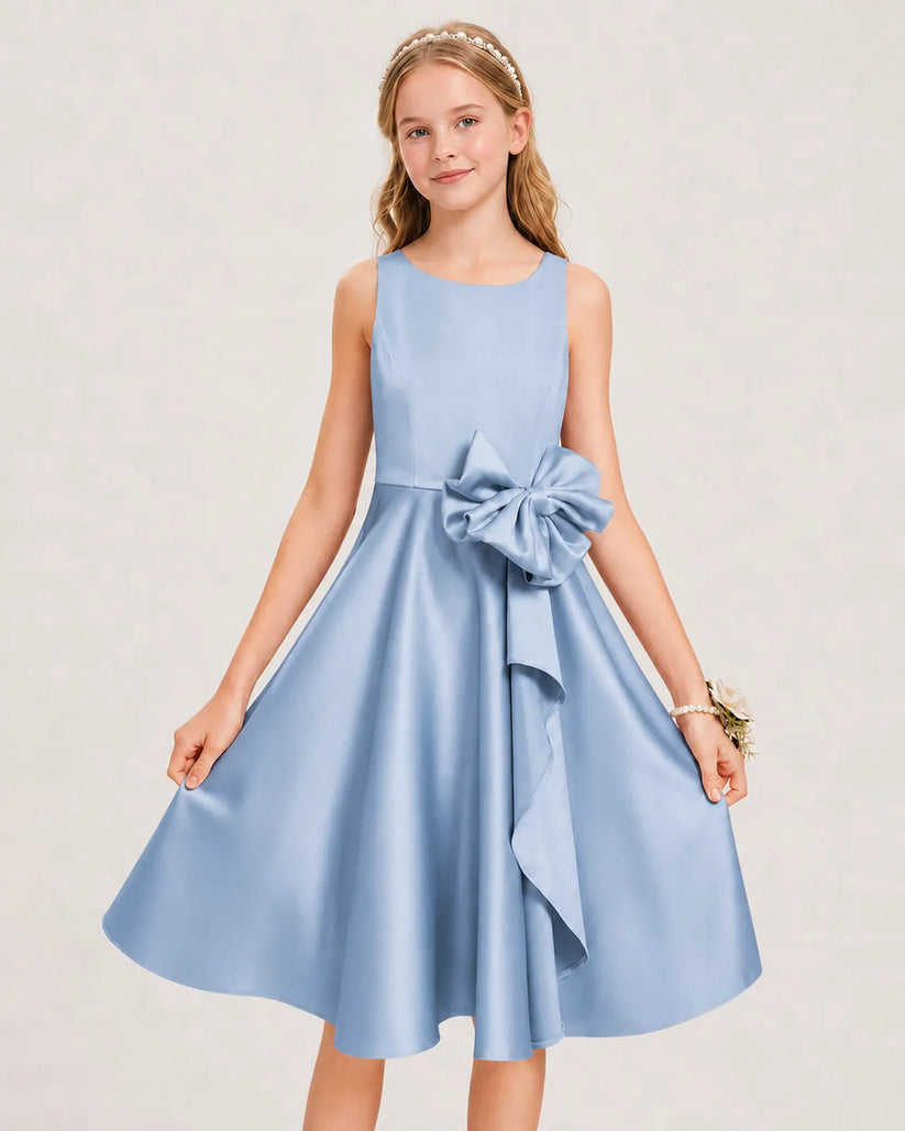Dusty Blue Satin A-line Junior Bridesmaid Dress Front View
