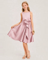 Dusty Rose Satin A-line Junior Bridesmaid Dress Front View