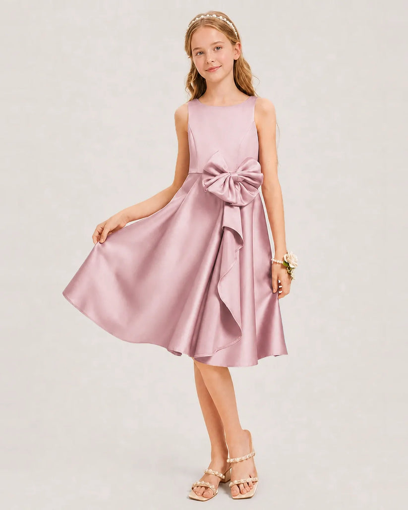 Dusty Rose Satin A-line Junior Bridesmaid Dress Front View