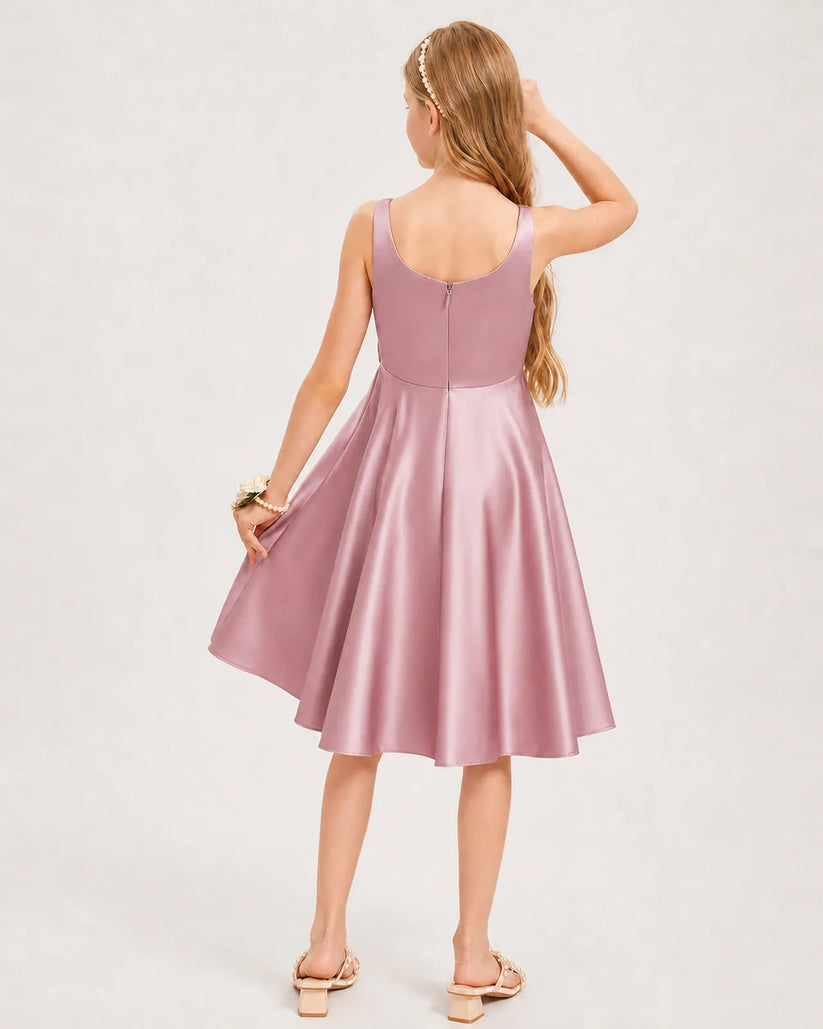 Dusty Rose Satin A-line Junior Bridesmaid Dress Back View