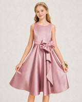 Dusty Rose Satin A-line Junior Bridesmaid Dress Front View