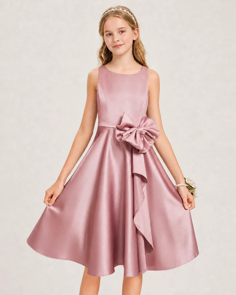 Dusty Rose Satin A-line Junior Bridesmaid Dress Front View