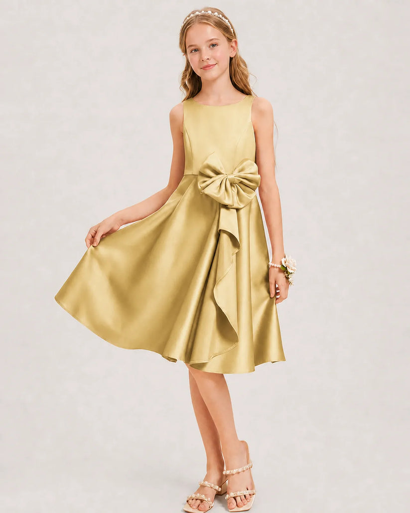 Gold Satin A-line Junior Bridesmaid Dress Front View
