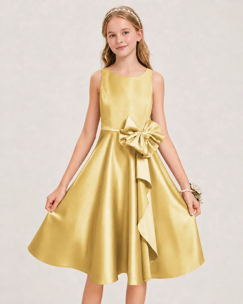 Gold Satin A-line Junior Bridesmaid Dress Front View