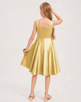 Gold Satin A-line Junior Bridesmaid Dress Back View