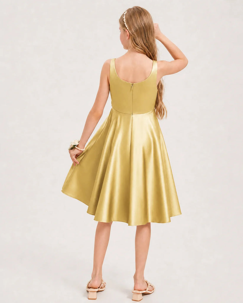Gold Satin A-line Junior Bridesmaid Dress Back View