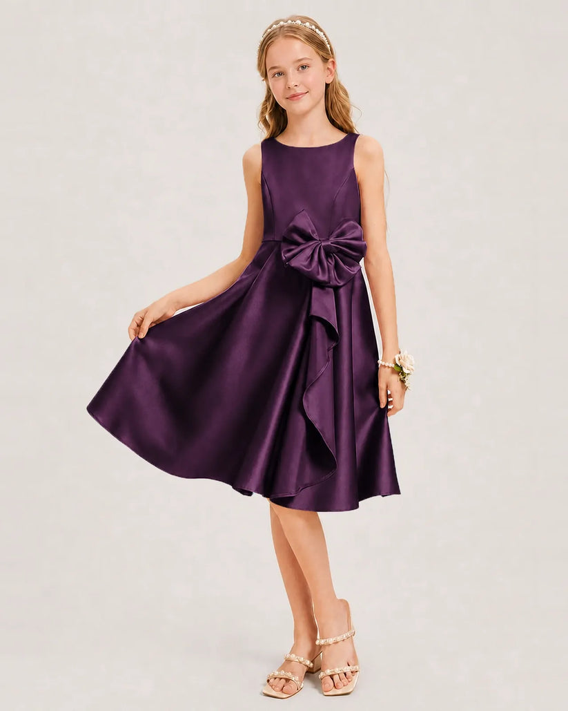 Grape Satin A-line Junior Bridesmaid Dress Front View