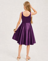 Grape Satin A-line Junior Bridesmaid Dress Back View