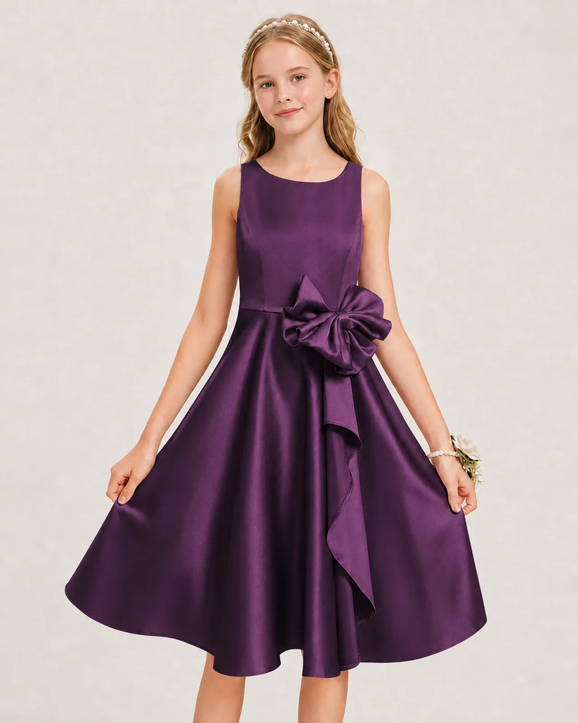 Grape Satin A-line Junior Bridesmaid Dress Front View