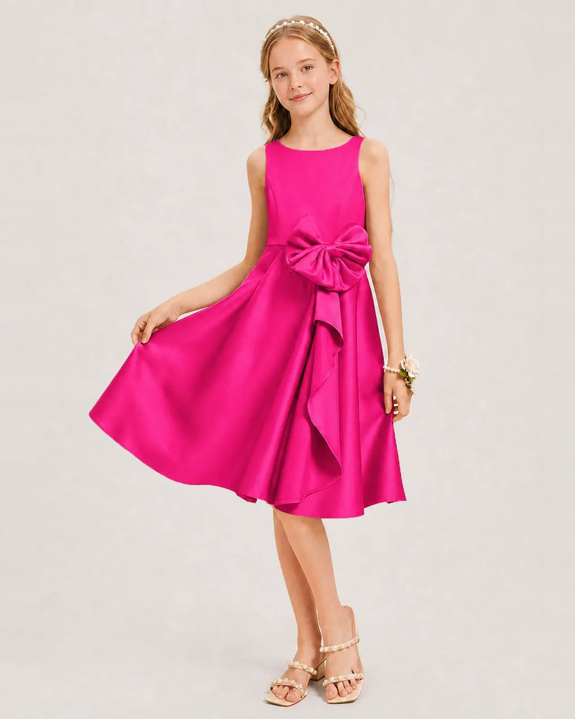 Hot Pink Satin A-line Junior Bridesmaid Dress Front View