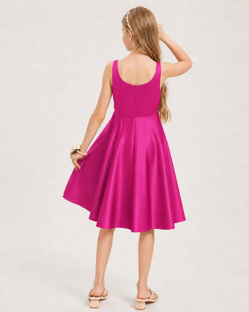 Hot Pink Satin A-line Junior Bridesmaid Dress Back View