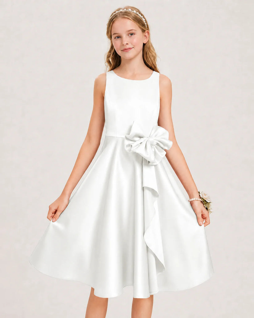 Ivory Satin A-line Junior Bridesmaid Dress Front View