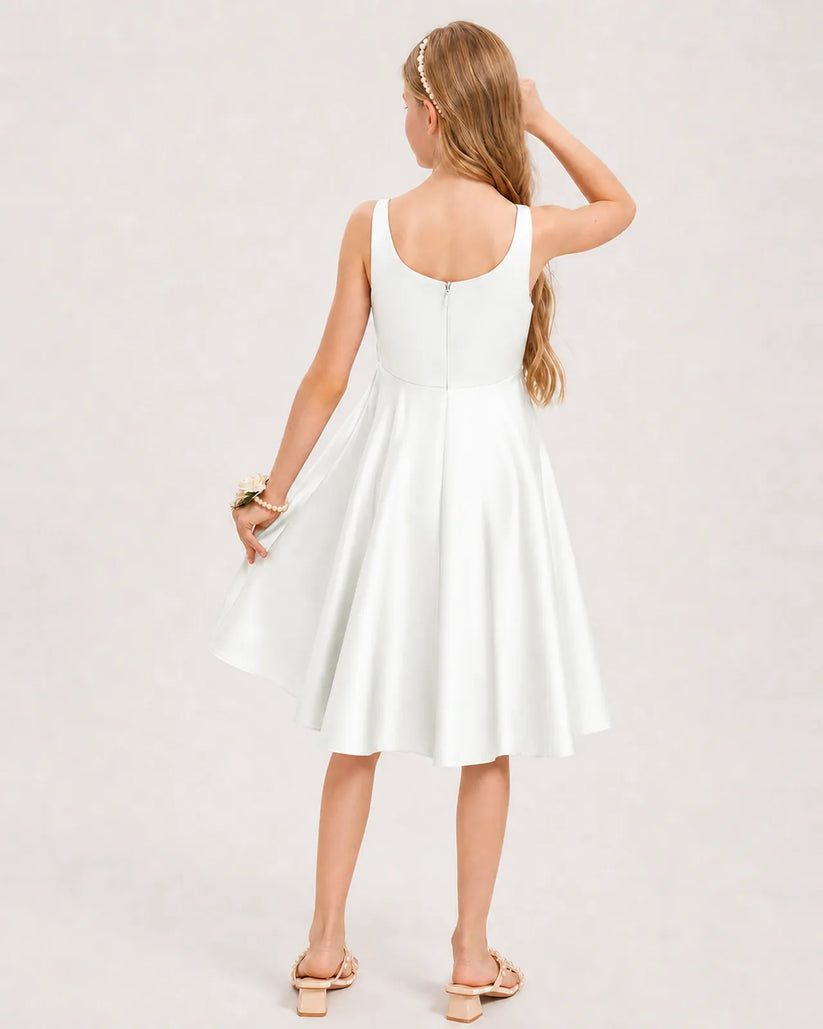 Ivory Satin A-line Junior Bridesmaid Dress Back View